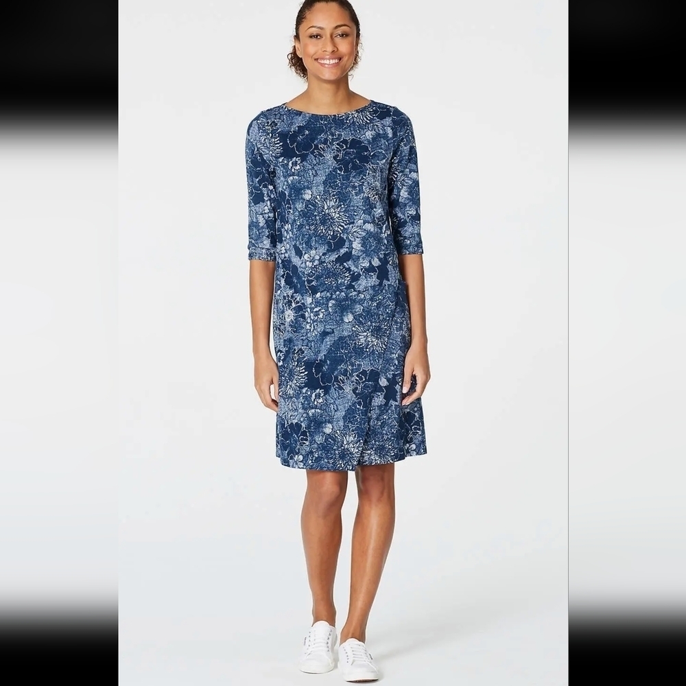 Pure J. Jill L Faux Wrap Style Stretch Knit Tee Shirt Dress Floral Knee Length